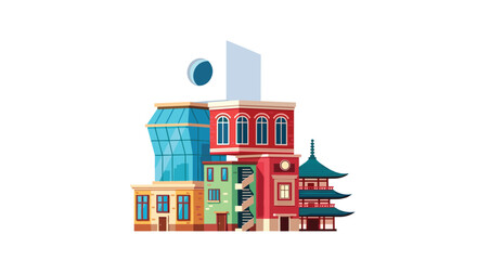 Obraz premium A whimsical stack of five distinct buildings, including a modern glass structure and a Japanese pagoda, is topped by a white cube on a white background.