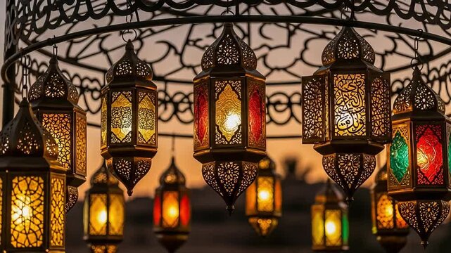 Vibrant lanterns hang from a decorative metal structure at sunset
