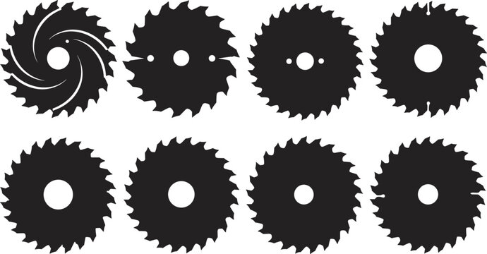 Circular saw blade silhouette set vector illustration, woodworking cutting tool icons isolated black industrial design