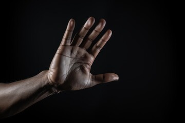 Dark skin hand with open palm making a stop or rejection gesture