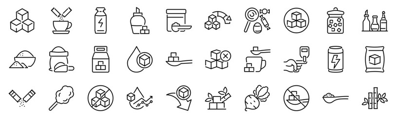 Set of 30 outline icons related to sugar. Linear icon collection. Editable stroke. Vector illustration
