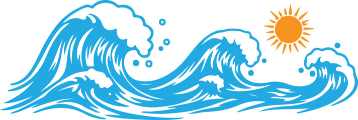 Dynamic blue ocean wave illustration with white foam and a bright orange sun, perfect for surfing or coastal themes. © Mend