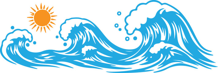 Dynamic blue ocean wave illustration with white foam and a bright orange sun, perfect for surfing or coastal themes. © Mend