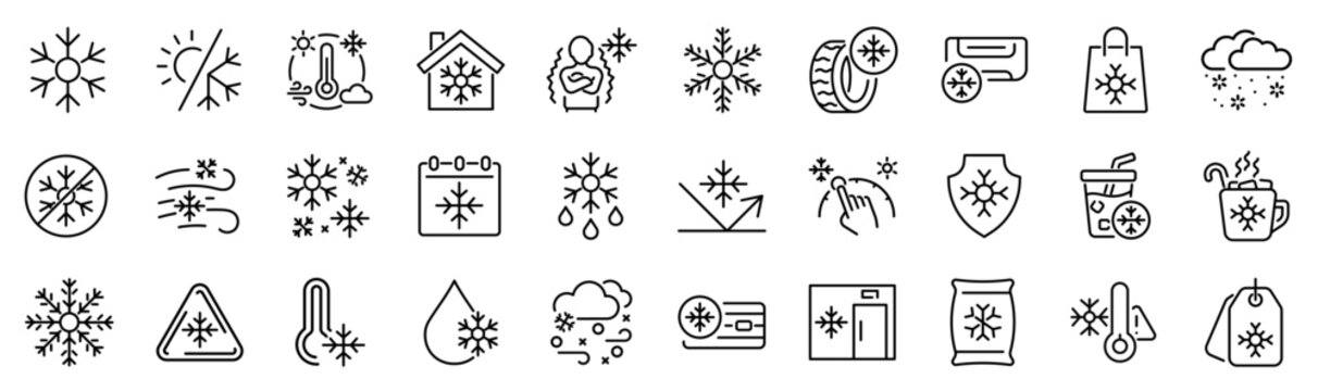Set of 30 outline icons related to snowflake. Linear icon collection. Editable stroke. Vector illustration