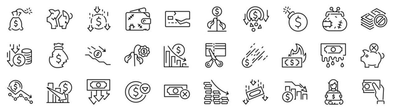 Set of 30 outline icons related to bankrupt. Linear icon collection. Editable stroke. Vector illustration