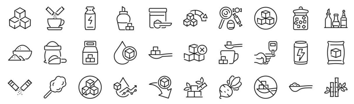 Set of 30 outline icons related to sugar. Linear icon collection. Editable stroke. Vector illustration