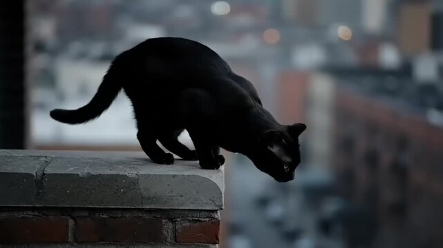 Black cat cautiously walks on a ledge overlooking a city at dusk.