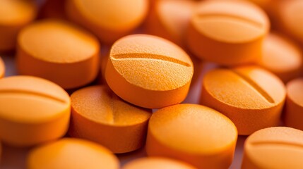 Close-up view of orange tablets showing texture and detail in macro medical photography taken indoors