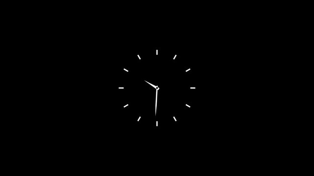 12 hours clock dial loop, twenty-four hours time lapse animation. Twelve hours clock run, moving time arrows. Hours appear 4k motion on transparent black background
