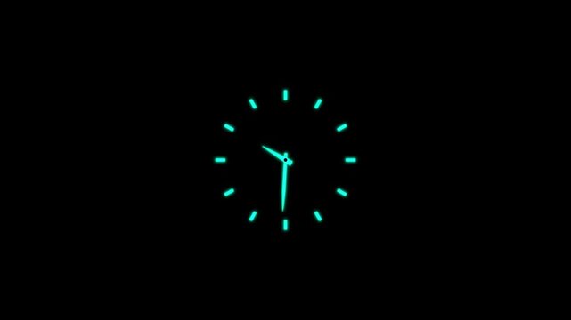 12 hours clock dial loop, twenty-four hours time lapse animation. Twelve hours clock run, moving time arrows. Hours appear 4k motion on transparent black background