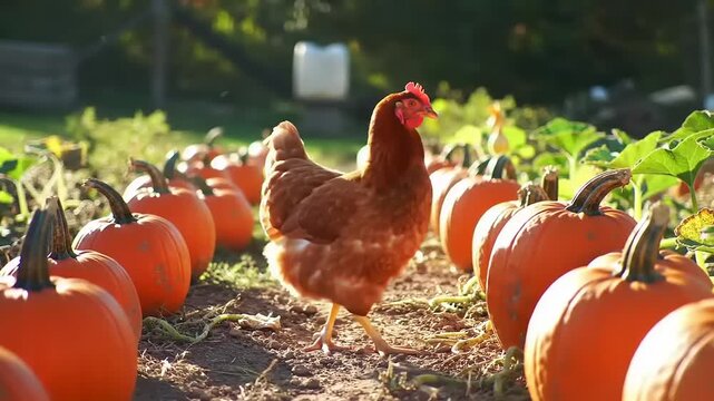 Chicken walks through a pumpkin patch on a sunny autumn day.