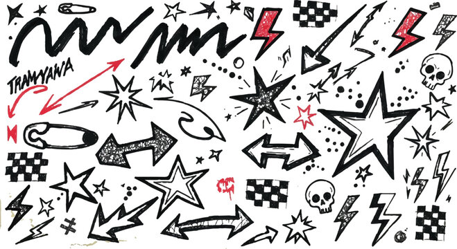 Hand-drawn black and white punk aesthetic illustration with bold red highlights, featuring stars, lightning bolts, skulls, and arrows.