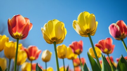 Obraz premium Closeup view of tulips blooming under clear sky in midday light with space for text