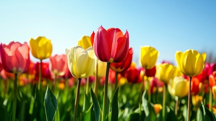 Fototapeta premium Bright tulip garden under clear sky with space for text