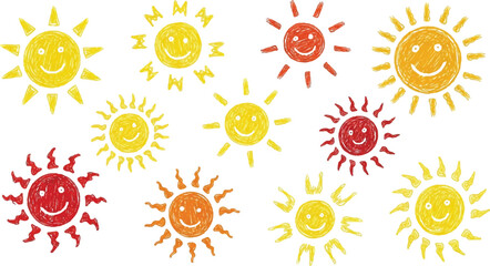 A cheerful collection of hand-drawn sun illustrations with various friendly facial expressions and decorative rays, featuring a vibrant color palette of yellow, orange, and red.