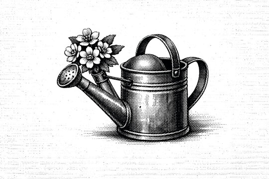 e icon set of caA single vintage watering can with a small cluster of flowers emerging from its spout, black