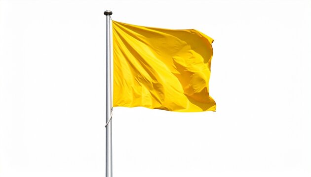 Bright yellow flag waving on silver pole against plain white background.