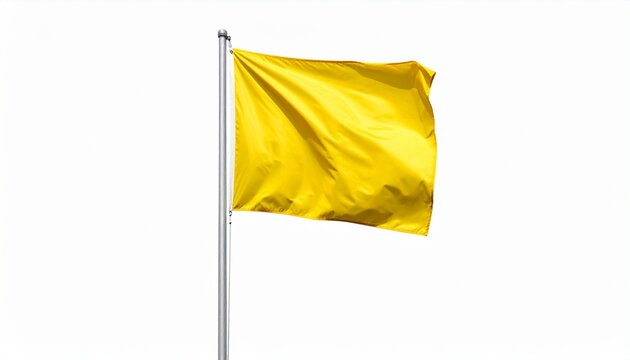 Bright yellow flag waving on silver pole against plain white background.