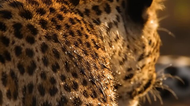 Close up of a leopards spotted fur in golden hour light.