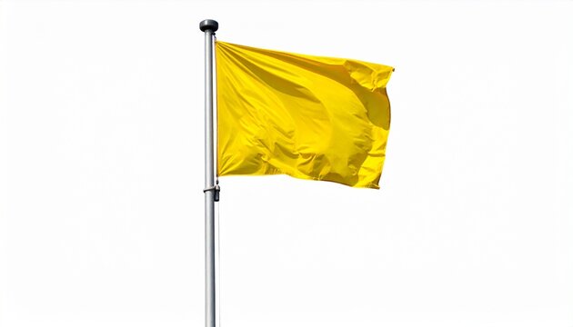 Bright yellow flag waving on silver pole against plain white background.