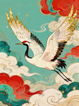A white crane with golden wings soars through stylized clouds and celestial elements in a vibrant, artistic composition.