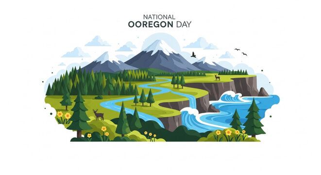 National Oregon Day Scenic Landscapes Forest Mountains Rivers and Wildlife Vector Illustration