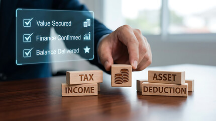 Hand placing wooden block with money symbol on desk with tax income asset deduction blocks and financial checklist overlay