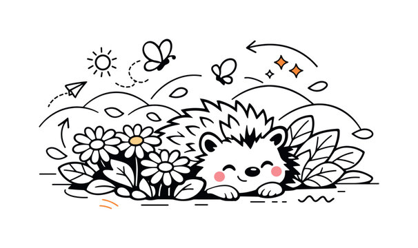 Hedgehog in Bloom. Cute Hedgehog Among Flowers. A charming garden setting with a hedgehog resting beside