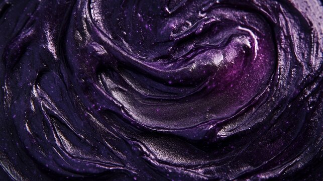 Dark purple blueberry jam swirl showcases rich texture and glossy finish in a close-up view of this fruit spread