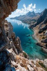 Stunning Vertical View of a Serene Mountain Lake with Crystal Clear Turquoise Waters and Rugged Rocky Shores Under a Bright Blue Sky.