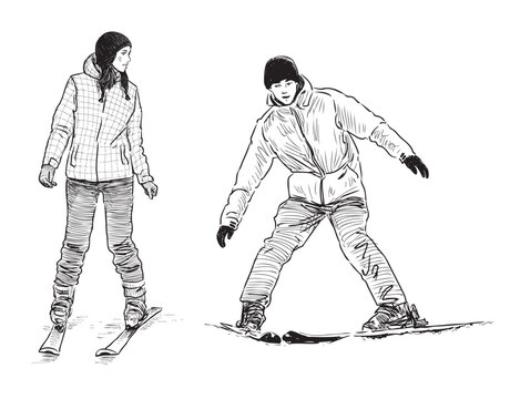 Couple young people, teen students skiing on winter day, realistic sketch, vector, hand drawn illustration