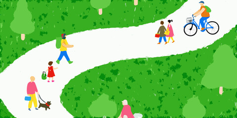 Obraz premium People enjoying a walk and bike ride on a park pathway