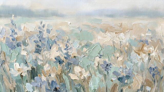 Textured oil painting of a serene wildflower field, an abstract floral landscape with impressionistic impasto brushstrokes in soft pastel colors.