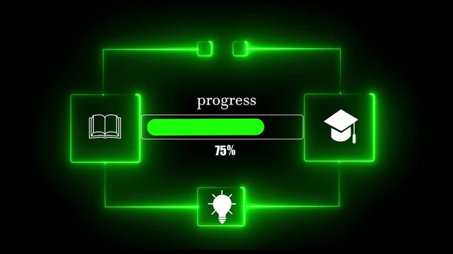 E-Learning Progress 75% on Tablet and Laptop on the black background 4k glowing video animation.