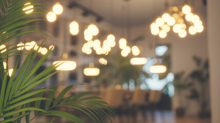 Indoor Cafe Ambiance With Palm Plant and Warm Edison Bulb Lighting Keywords: indoor, cafe