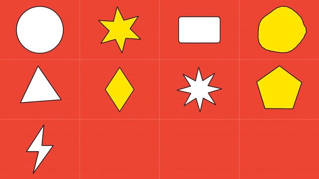 A collection of geometric shapes displayed on a vibrant red background, showcasing various forms