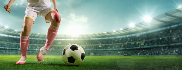 Naklejka premium Female football player controlling soccer ball on stadium field collage. Concept of women football training, competitive focus, athletic performance and championship preparation.