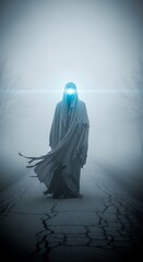 Mysterious figure in foggy landscape with glowing eyes illustration