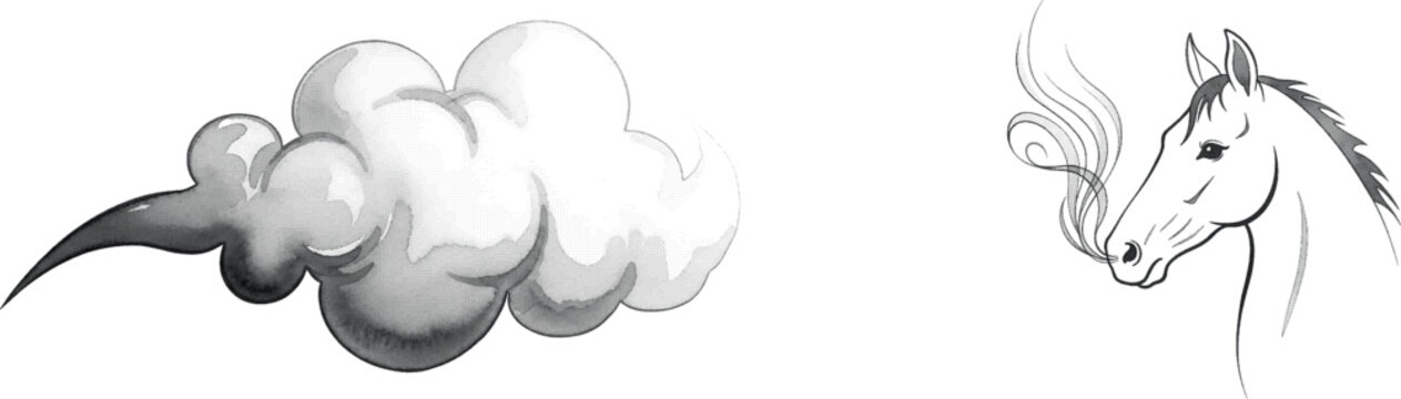 Stylized gray cloud and horse head with smoke coming from its nostril, isolated on white background