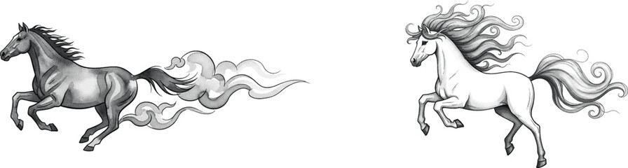 Two running horses in black and white, one with smoke-like tail and one with flowing mane and tail, isolated on white background © riponhossain