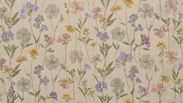 Pressed dried wildflower seamless pattern on a textured linen background, a vintage botanical flat lay.