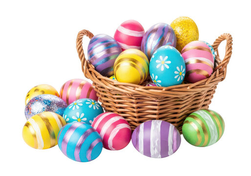 A colorful assortment of easter eggs in a woven basket on a white background isolated on transparent background