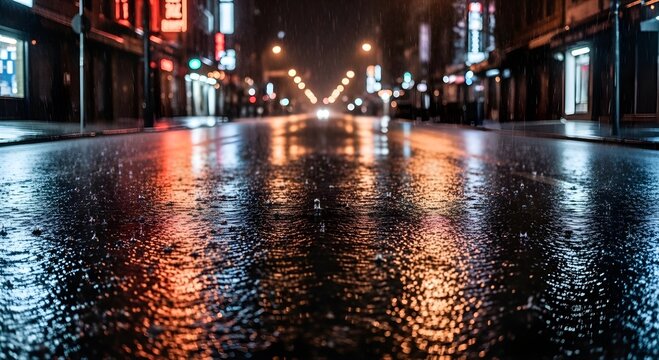 A wet city street at night with lights reflecting off the pavement