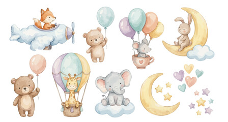 Watercolor nursery clipart set with baby animals, balloons, airplane, fox, bunny, moon, giraffe, air balloon, cloud and stars. Collection of Vector illustrations. Perfect for invitation, card, poster © maria