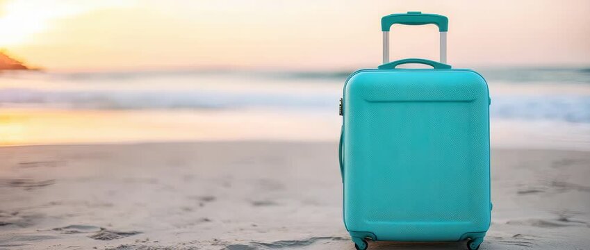 bright teal travel suitcase stands on  sandy beach Waves gently roll in the  under  golden sunset sky