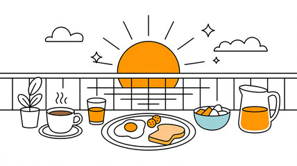 Morning breakfast on balcony with coffee juice eggs and fruit at sunrise food drink
