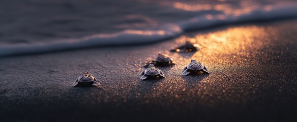 Hatchlings advance toward the sea at dawn&rsquo;s first light.