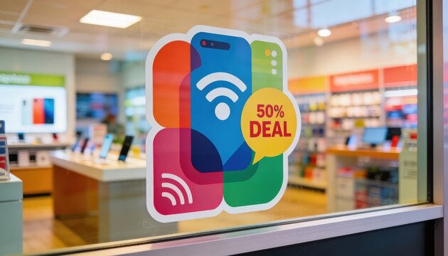 Focused medium shot of a window decal displaying promotional telecom deals with vibrant colors while the interior store environment remains softly out of focus.