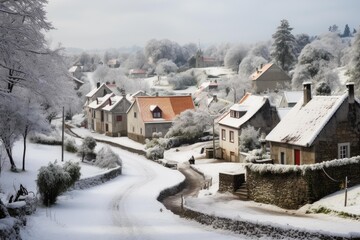 Rural village houses and frosted trees contrasting with a snowy winter landscape