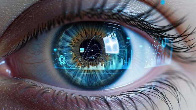 A video showcasing a futuristic human eye with a digital iris and blue circuit patterns